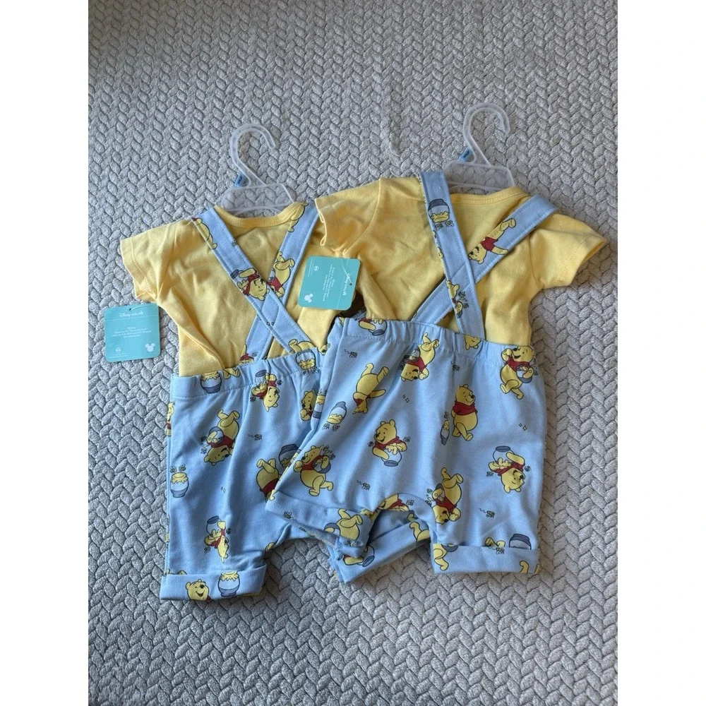 MATCHING TWIN Disney-licensed Winnie the Pooh baby Overalls Size 3 - 6 2 Pairs
